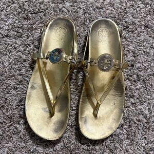 Tory Burch Gold Leather Thong Flat Slide Sandals 10 M